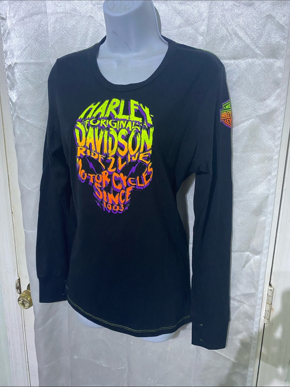 Harley-Davidson Women's Black Long Sleeve Graphic Tee - Neon Skull Logo